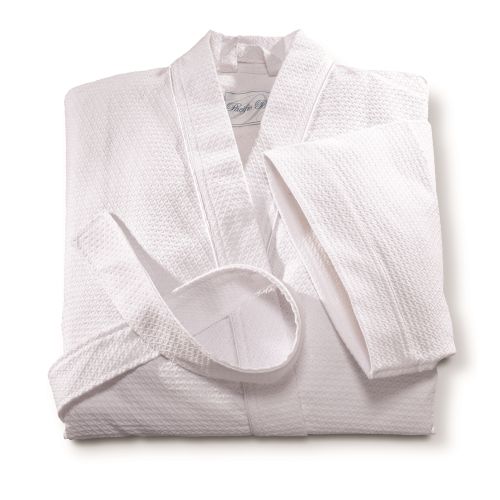 Diamond Waffle Weave Kimono Robe, 52"L, White with White Piping